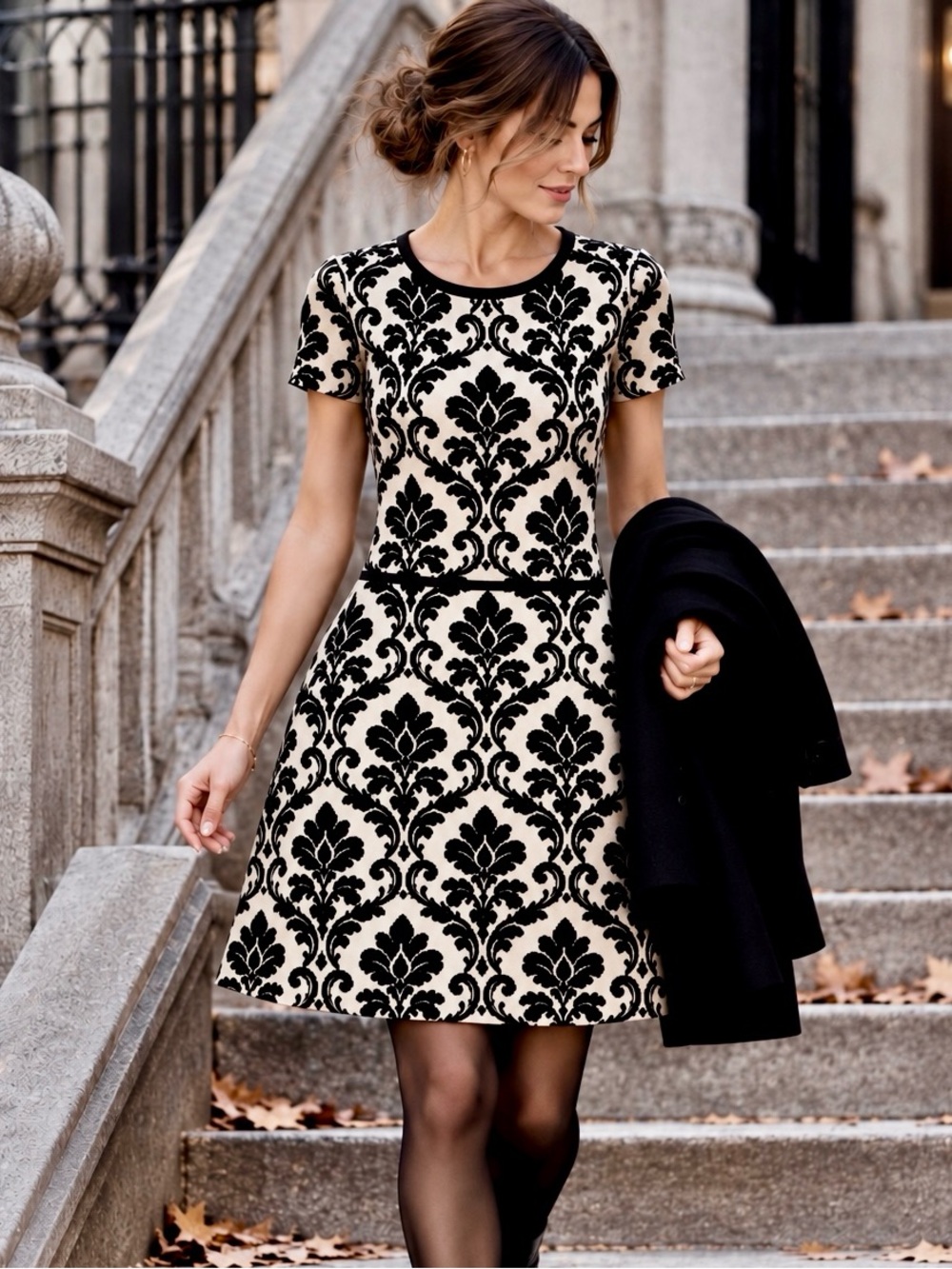 CeCe Damask Sweater Dress Black Cream Fit & Flare Knit Medium